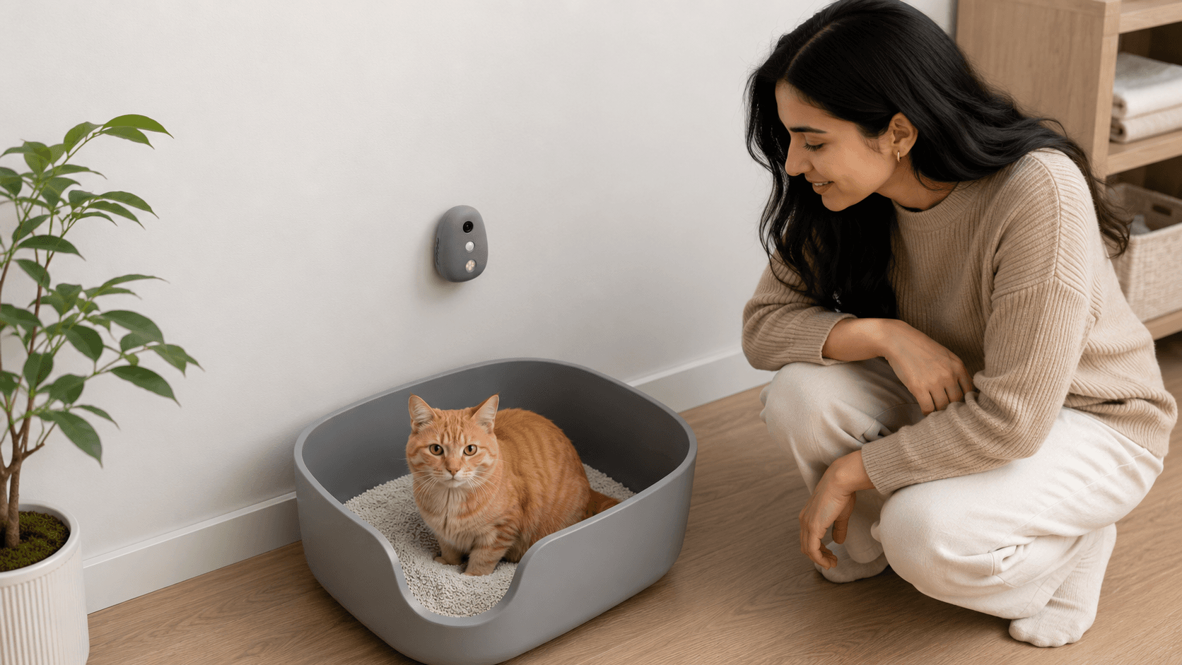 Cat at the litter box with Iris clipped on the rim.